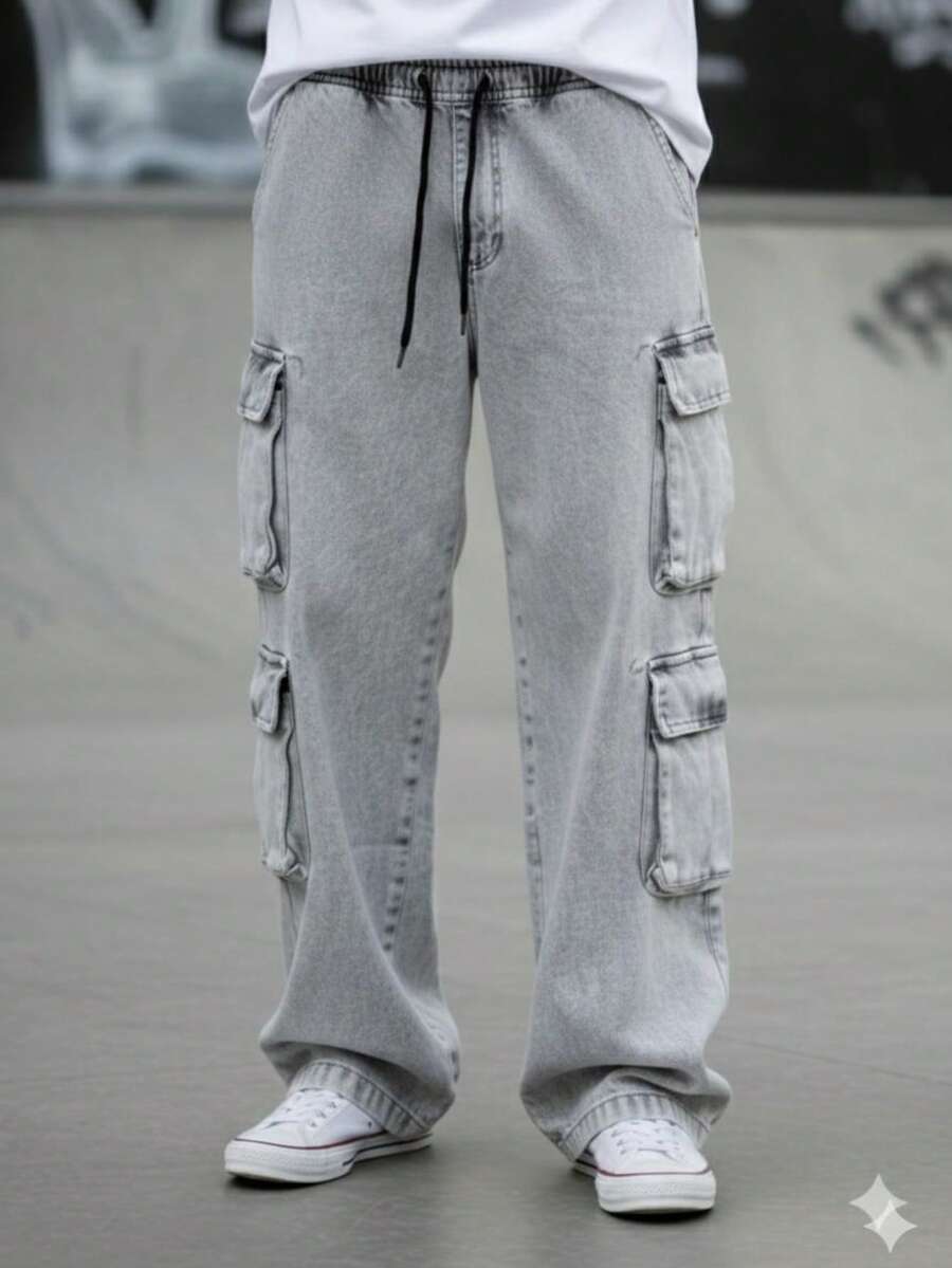 New Model Men's Cargo Jeans, Black Washed, Stonewashed, Original Straight Leg, Loose Fit, 8 Pockets - 淺灰色 - 查看 1