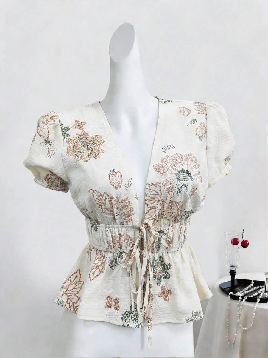 女士夏季度假花卉刺绣前系带纹理衬衫 - 杏色 - 查看 1