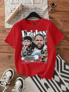 Featuring Movie Scene Collage,Casual Print Cotton 220 Grams Heavyweight Print T-Shirt,Summer - Red - View 1
