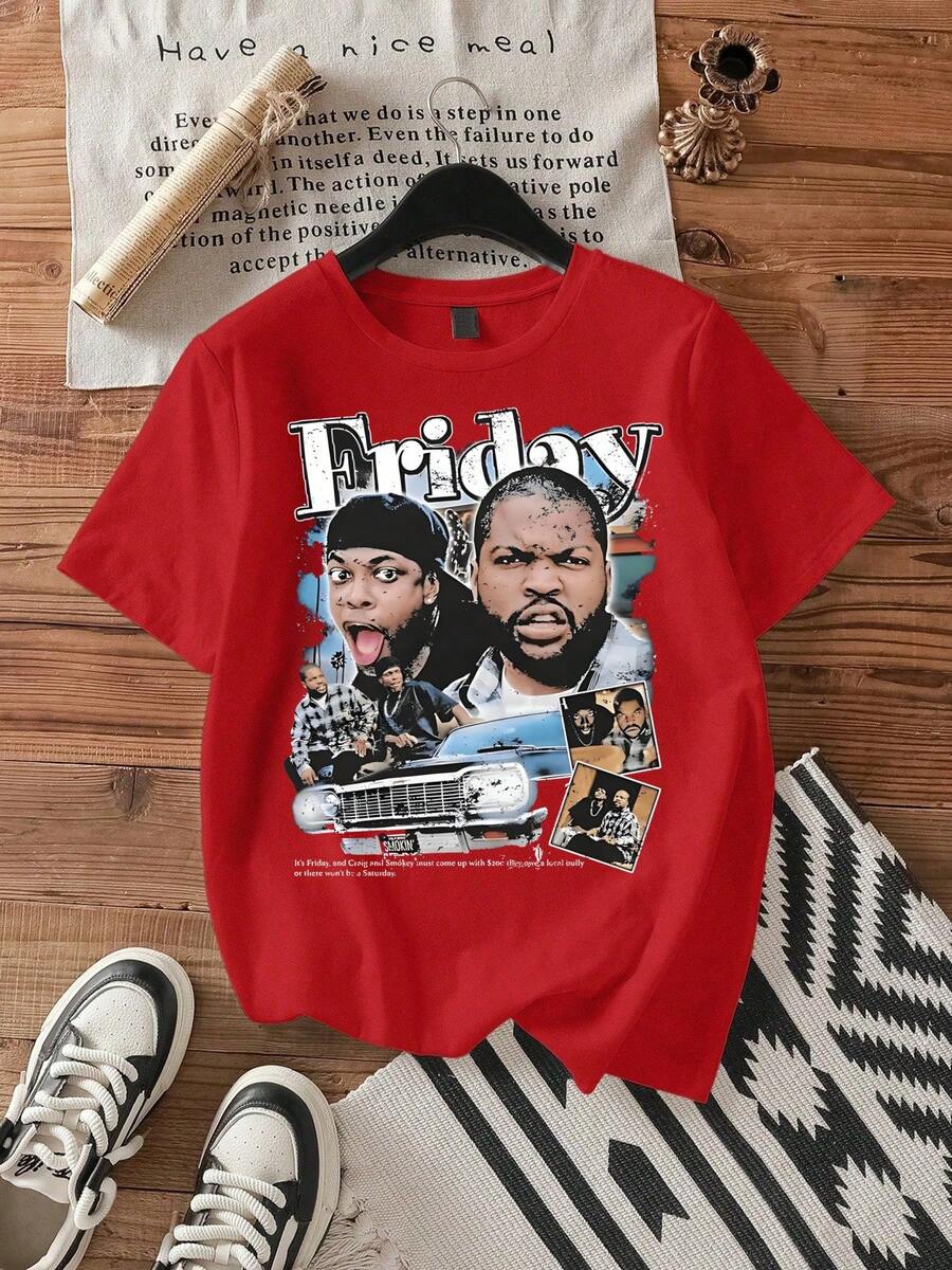 Featuring Movie Scene Collage,Casual Print Cotton 220 Grams Heavyweight Print T-Shirt,Summer - Red - View 1