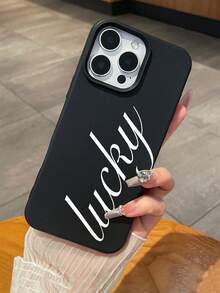 Lucky Letter Print Phone Case, Black Faux Leather Texture Shockproof Case, Scratch-Resistant Anti-Slip Protective Phone Cover, Minimalist Aesthetic Design, Fashionable Phone Case, Everyday Use Phone Case, Compatible With IPhone & Galaxy - Black - View 6