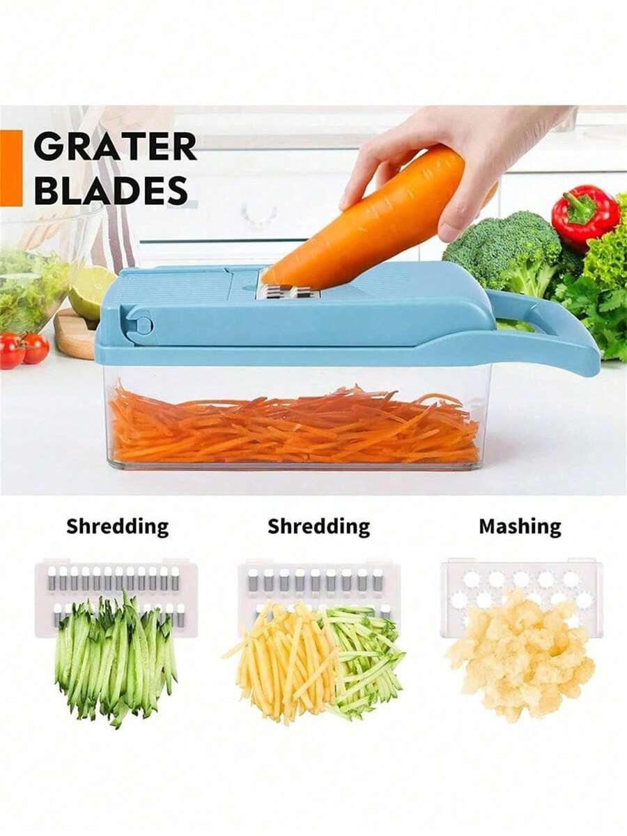 一套厨房多功能蔬菜切碎器、土豆胡萝卜切片器、刨丝器、带手柄的食物研磨器、洋葱切碎器、厨房刨丝器，多功能必备工具 - 彩色 - 查看 1