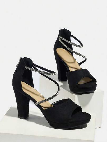 Giày sandal cao gót nữ, mũi kín, khoét rỗng, đính đá và buộc dây, kiểu dáng thanh lịch, thoải mái, đa năng, chất liệu da lộn màu đen, mũi tròn, đế xuồng, quai ngang mắt cá chân, thích hợp cho tiệc tùng, dạ hội, kỳ nghỉ, công sở, hẹn hò, thời trang hàng ngày, sang trọng.