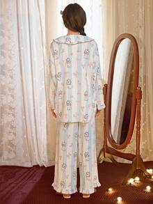 2pcs Disney Marie Cat Print Cotton Long Sleeve Pajama Set For Women, Spring/Autumn - Baby Blue - View 2