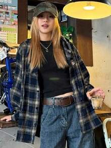 Women's Casual Plaid Print Button-Up Drawstring Hooded Sweatshirt Jacket, Fashionable Street Style, Suitable For Daily Wear, Autumn/Winter - Navy Blue - View 2