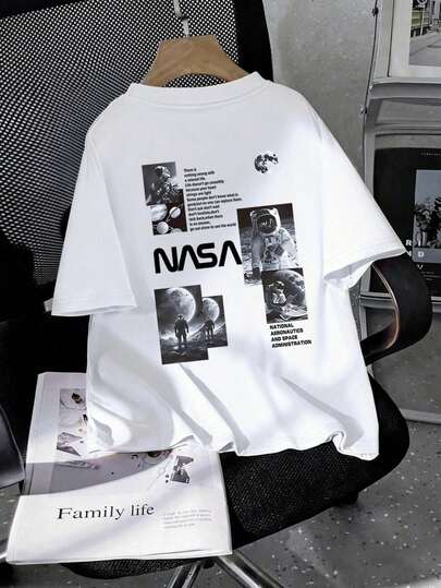 Tween Boy Astronaut & Planet Graphic Loose Casual Sports Short Sleeve Round Neck T-Shirt, Great Summer Gift, Suitable For Spring/Summer School And Outdoor Wear