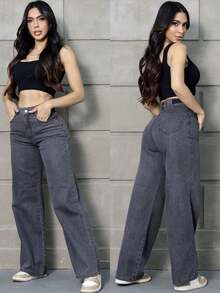 Women's Wide Leg Jeans, High Waist, High Waistband, Enhances Buttocks, Sizes 36 To 46 - 灰色 - 查看 2