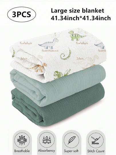 3 بطانيات لف للمواليد على الطراز الإسلامي، من قطن 100% قابل للتنفس ناعم، مقاس كبير 105 * 105 سم، لف الرضيع، تغيير الحفاضات، ضروري للأطفال الرضع من الجنسين، هدية لحفل استقبال المولود