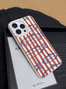 1pc Red & White Striped Handpainted Small Fish Pattern Shockproof Faux Leather Full Coverage Phone Case, Compatible With IPhone 17/16/15/14/13/12/11 Series, Retro American Style, Ins Aesthetic - Multicolor - View 2