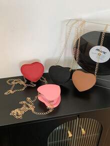 Heart-Shaped Crossbody Bag, Cute Mini Spring Heart-Shaped Gold Chain Shoulder Bag, Solid Color Fashionable Shoulder Bag For Spring Outings, Perfect Spring Gift For Girls - Lychee Pattern - View 3