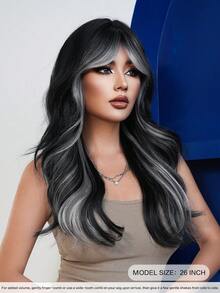 7JHH WIGS 高光黑白长款波浪假发，中分卷发，带刘海，天然耐热合成纤维，适合音乐节派对、万圣节角色扮演等场合，26英寸 - 挑染白色 - 查看 4