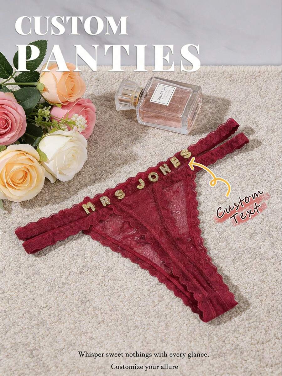 1pc Customized Crystal Letter Sexy Lace Personalized Name Thong Panties, Bikini Tanga Lingerie T-Back Gift For Girlfriend, Wife, Valentine's Day, Christmas, Halloween, Thanksgiving, Birthday. - Multicolor - View 1