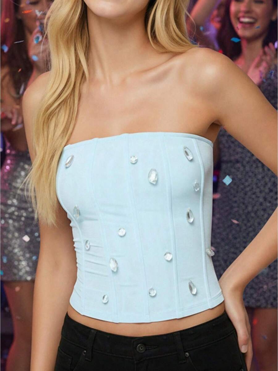Women Tube Tops Sleeveless Strapless Rhinestone Decor Slim Fit Summer Crop Vest - Baby Blue - View 1