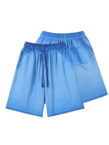 Men's Gradient Wash Shorts, 100% Cotton, Suitable For Outdoor, Beach, Sports, And Fitness Summer Wear. Men Loose-Fitting Cotton Shorts,Also Suitable As Personalized T-Shirts, Men's Shorts, Boyfriend Gifts, And Easter Gifts. - 雙漸變寶藍色 - 查看 1