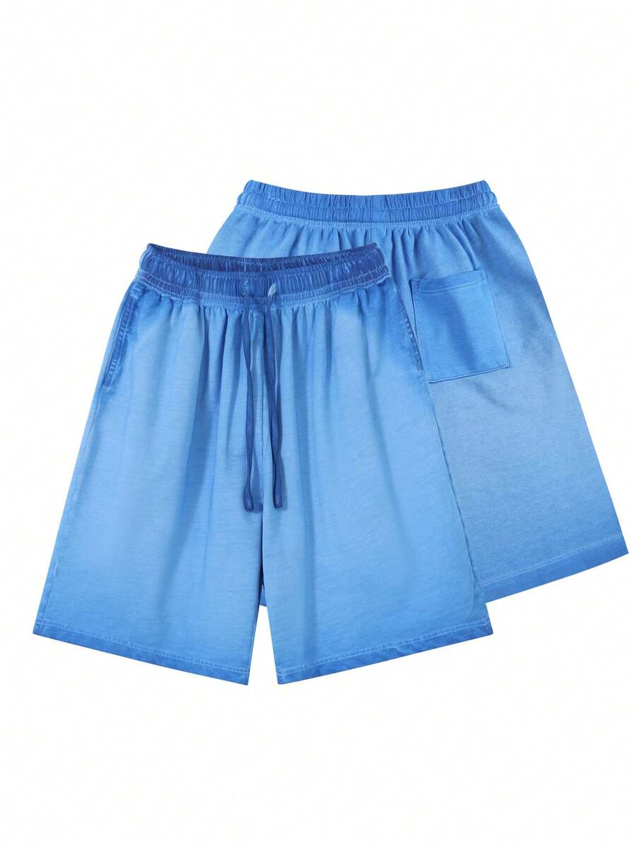 Men's Gradient Wash Shorts, 100% Cotton, Suitable For Outdoor, Beach, Sports, And Fitness Summer Wear. Men Loose-Fitting Cotton Shorts,Also Suitable As Personalized T-Shirts, Men's Shorts, Boyfriend Gifts, And Easter Gifts. - 雙漸變寶藍色 - 查看 1