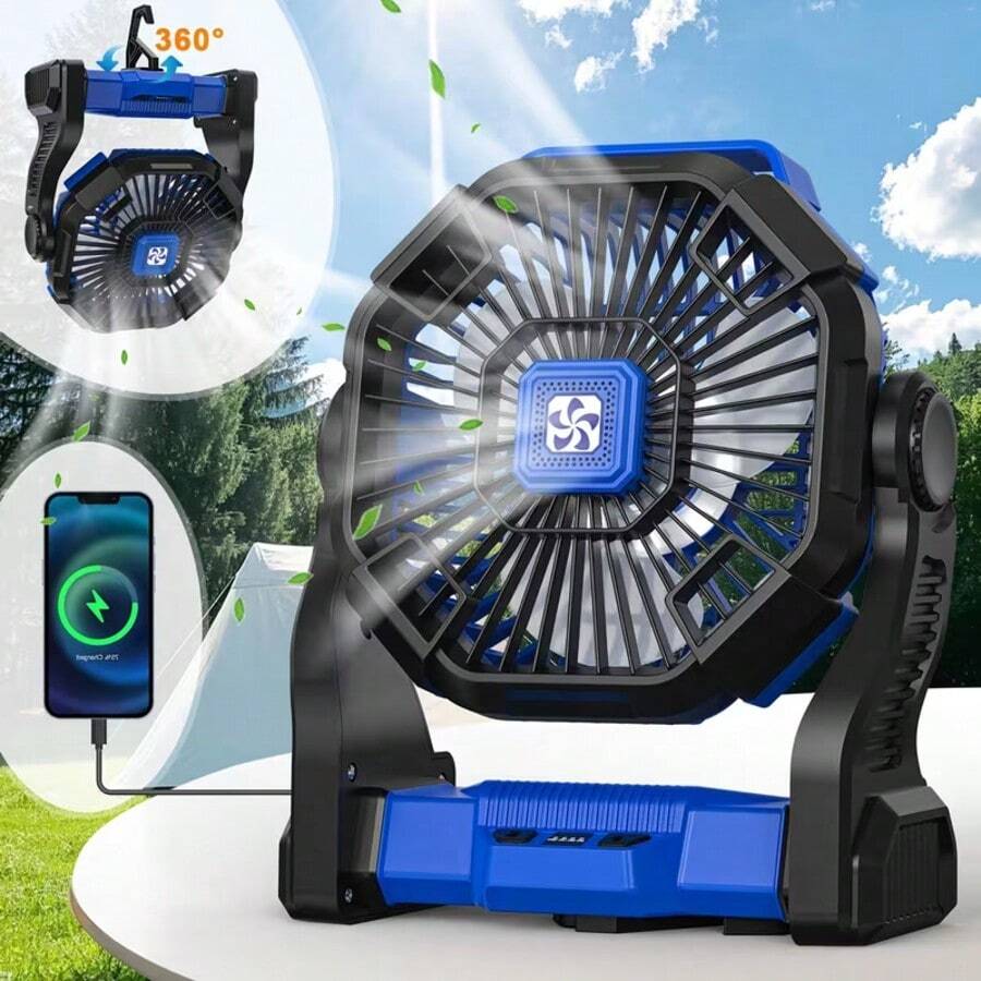 Cold Air Battery Powered Fan With LED Lantern,Dual Motor Camping Fan, 4-Speed Adjustable Desktop Fan With Hook, Portable Outdoor Fan, Suitable For Tents, Power Outages, And Construction Sites - Blue - View 1