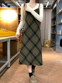 优雅格纹吊带连衣裙，百搭内搭，随机裁剪，秋冬新品 - 灰綠 - 查看 4