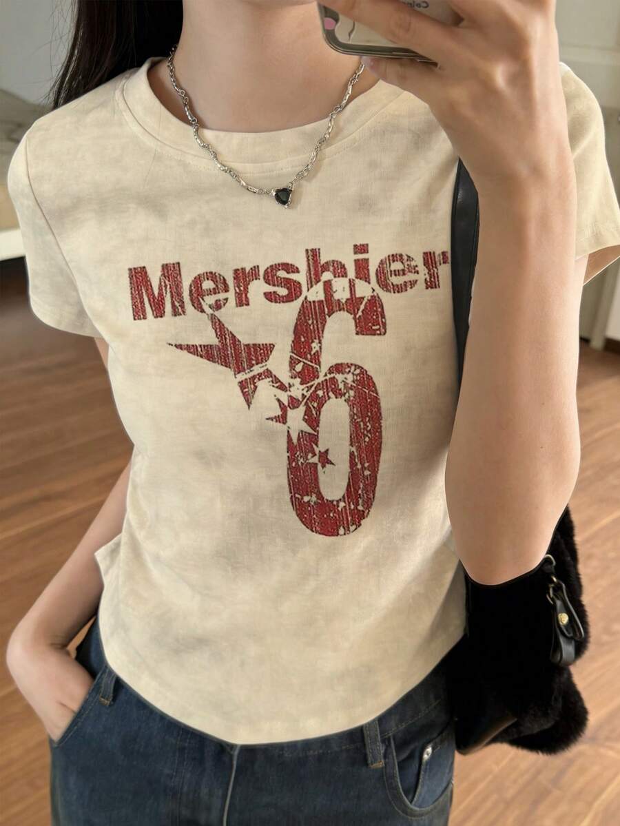 女士休闲字母印花修身短袖T恤，百搭夏季款 - 杏色 - 查看 1