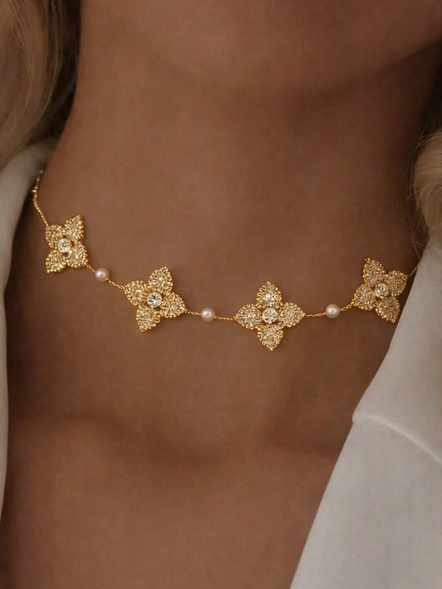 1 chiếc vòng cổ hoa đính đá toàn bộ màu bạc kiểu Âu và Mỹ mới, dây chuyền ngọc trai mảnh mai, trang sức đeo hàng ngày, quà tặng cho phụ nữ. - Vàng - Xem 1