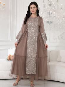 2026 New Style Ramadan Traditional Elegant Embroidered Beaded Abaya Dress, Long Sleeve Round Neck Luxury Creative Fashion - Coffee Brown - View 5