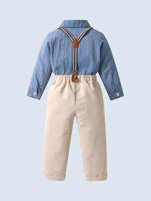 BOARNSEORL 2pcs Young Boys Gentleman Outfit - Long Sleeve Collared Shirt With Bow Tie And Khaki Suspender Pants, Fashionable And Dapper Attire For Birthday Party, Wedding, Ring Bearer - Khaki - View 4