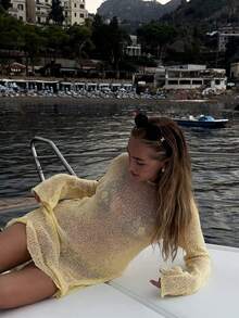 Mejors 女士休闲可爱纯色宽松针织套头罩衫，时尚泳衣罩衫，适合度假、约会、派对、夜店、海滩、度假村夏季穿着 - 黃色 - 查看 11