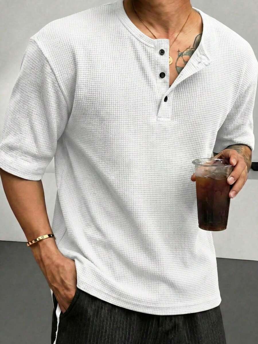 男士华夫格纹半开襟短袖上衣，男士T恤，Polo领短袖针织T恤，轻薄宽松透气，复古风格，尺码偏大，建议选择小一码以获得更佳穿着体验