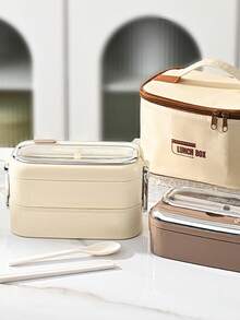 两件套便当盒套装 - 可叠放容器，适合成人和学生，女士午餐盒 - 含午餐袋，防漏 - 内置餐具套装 - 可放入洗碗机清洗（杏色） - 彩色 - 查看 1