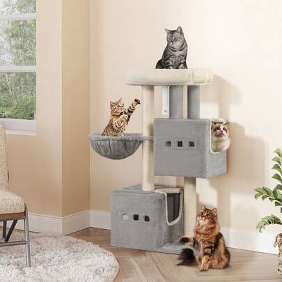 Hzuaneri 98 cm Kratzbaum, Katzenbaum, kratzbaum klein, Mehrstöckiger Kratzbaum mit Sitzstange, Katzenhausmöbel mit 2 Höhlen, Sisal Katzenkratzbaum, Hängematte, Höhle