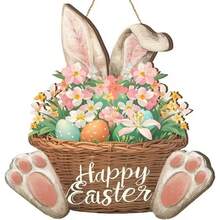 Easter Bunny Welcome Wooden Sign | Spring Decor Wall Hanging Plaque With Eggs And Bunny Ears, Charming Style, Multipurpose - Multicolor - View 1