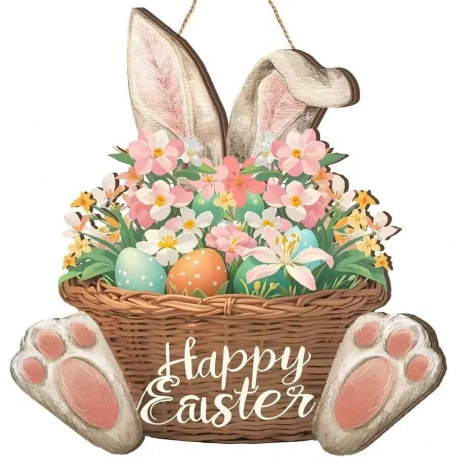Easter Bunny Welcome Wooden Sign | Spring Decor Wall Hanging Plaque With Eggs And Bunny Ears, Charming Style, Multipurpose - Multicolor - View 1