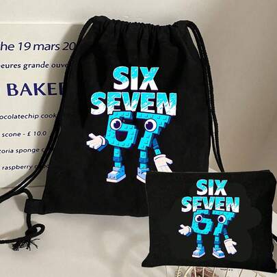 蓝色67字母印花女士背包 - 饰有67数字图案，抽绳设计，休闲可折叠单肩包，配有固定肩带和扣环，抽绳健身包，大容量，多功能抽绳包，多口袋设计，购物旅行包，多功能日常通勤包和美妆收纳包，适合返校、购物、聚会和送礼，也适合旅行、运动和健身等场合。