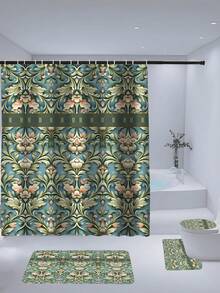 四件套绿色花卉浴室套装，包括浴帘、地垫、U型马桶垫、马桶盖套、防水浴帘、现代风格浴室隔断帘，无需钻孔，涤纶材质，可机洗 - 彩色 - 查看 9