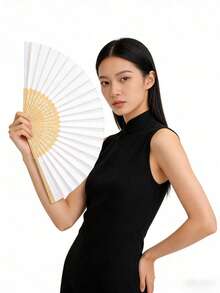 1pc Portable Elegant Gold-Rimmed Folding Hand Fan Set, Black & White, Suitable For Weddings, Parties, Festivals, Summer Gatherings, Adult Events, Performances, Dances, Bridal Showers, Home Decor, Guest Gifts, Convenient Single-Hand Use, Fashionable Boho Style Accessory, Includes Shimmering Edge Paper Fan, Elegant & Refreshing Essential,Outdoor,Garden,Travel Essentials,Portable Essentials,Beach Essentials,Graduation Season,Commencement,Graduation Ceremony,Graduation Gift,Graduation Present,Graduation Gift,Graduation Present,Congrats Grad,Congratulations Graduate,Valedictorian,Finish School,Graduation Party,Outdoor Essentials,Travel Portable,Hiking Essentials,Camping Essentials,Portable Tools,Summer Essentials ,Summer Portable - Multicolor - View 5