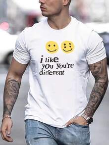 I Like You, You're Different Letter Print Men's Short Sleeve Crew Neck T-Shirts, Comfy Breathable Casual Elastic Tops, Men's Clothing - White - View 1