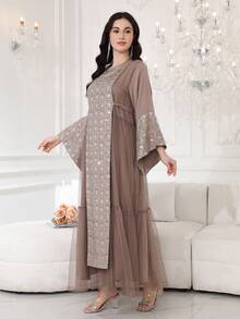 2026 New Style Ramadan Traditional Elegant Embroidered Beaded Abaya Dress, Long Sleeve Round Neck Luxury Creative Fashion - Coffee Brown - View 6