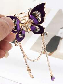 1pc Rhinestone Hollow Butterfly Rhinestone Tassel Hair Claw - Multicolor - View 4
