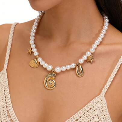 1 chiếc mặt dây chuyền hình sao biển, cá, vỏ sò giả ngọc trai thời trang dành cho nữ, phụ kiện trang sức đi biển.