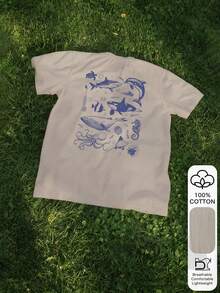 2026鲸鱼鲨鱼印花100%纯棉短袖T恤，夏季T恤，图案T恤，休闲夏季，纯棉T恤，夏季上衣，东方美学街头风T恤 - 100%优质纯棉复活节印花T恤，2026返校季，校园穿搭灵感，返校必备，开学第一天，2026返校时尚，复古女式上衣，学院风 - 灰色 - 查看 4