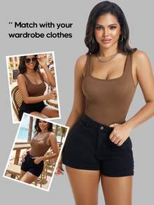 Solid Color Cotton Knit Seamless Shaping Bodysuit - Coffee Brown - View 4