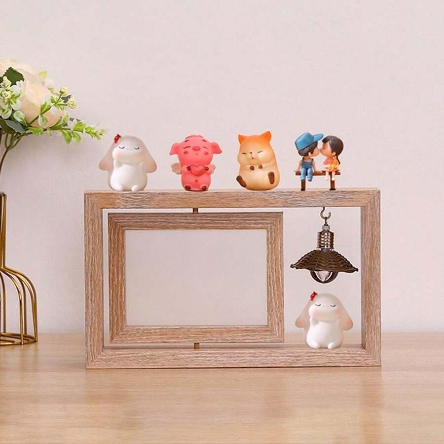 Moldura de Foto de Madeira Giratória de Dois Lados com Pingente, Moldura de Mesa Giratória de 6 Polegadas, Decoração de Mesa para Quarto e Sala de Estar - Multicolorido - Visão 1
