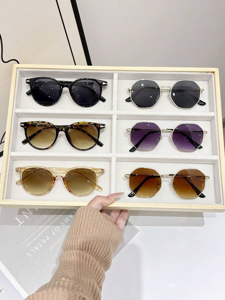 6pcs Plastic & Metal Geometric Pattern Colorful Fashionable Minimalist Style Glasses Set, Suitable For Holiday Gifts, Driving, Outdoor Camping, Tropical Beach Vacation, Stylish Accessories - 6 chiếc màu đen, vàng, xám, họa tiết da báo, xám nhạt, tím - Xem 1