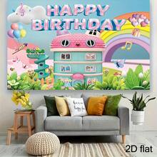 Ideal For Birthday Party Decorations And Suitable For Both Indoor A 2D Flat Backdrop Featuring A Cartoon Dollhouse Theme Made Of Polyester Fabric, Showcasing A Whimsical Tale Design With Pink And Blue Houses, Clouds, Butterflies, And Musical Notes - Multicolor - View 5