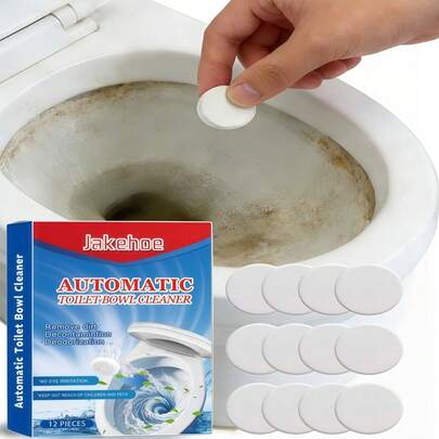 jakehoe 12 pastillas de limpieza para inodoro, eliminación suave de manchas, frescura duradera, adecuado para inodoros de cerámica, piedra artificial y accesorios de baño de plástico. Diseñado especialmente para el interior del inodoro (área del sello de agua, salida de drenaje, esquinas esmaltadas, protección contra salpicaduras), el interior del tanque del inodoro (evitar la válvula de entrada de agua/flotador de metal), el interior de la tapa del inodoro (piezas de plástico/acrílico), la superficie de contacto del asiento del inodoro y el sello del inodoro al piso