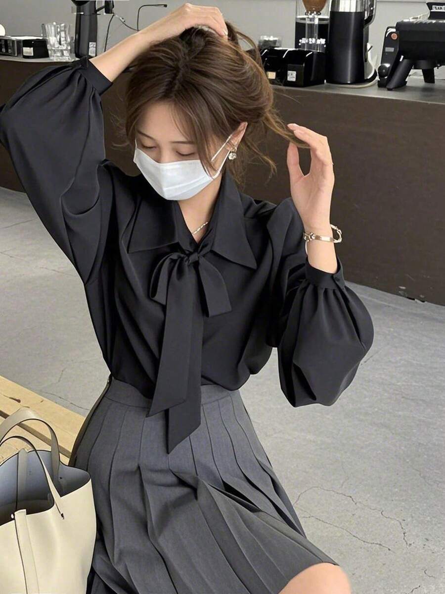 女士纯色系带领休闲长袖衬衫,秋季黑色春季款 - 黑色 - 查看 1