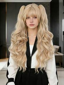 28英寸长波浪假发+2条马尾辫，浅金色卷曲合成假发带刘海，自然逼真，适合日常佩戴和万圣节装扮 - 亞麻金 - 查看 2