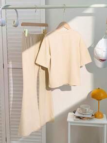 Set de 2 piezas de blusa de manga corta con estampado de moño y pantalones acampanados para niña adolescente, para primavera/verano - Albaricoque - Ver 3
