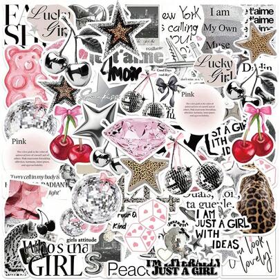 50pcs Y2K Aesthetic Stickers, Including Urban Girl Stickers, Y2K Style Black & White Stickers, Urban Stickers, Leopard Print Stickers, Art Stickers, Cartoon Stickers, Graffiti Stickers, Vinyl Stickers, Suitable For Water Bottles, Tumblers, Guitars, Luggage, Phones, Phone Cases, Laptops, Skateboards, Great Gift Item.