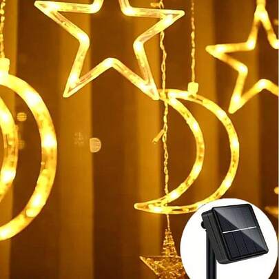 太阳月亮星星帘灯，非常适合斋月、婚礼、万圣节、圣诞节、情人节等节日。也适用于卧室、客厅、花园、露台、凉亭、帐篷等场所的装饰照明。