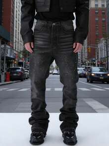 Men's Washed Black & Grey Loose Straight Leg Jeans, Casual High Street American Vibe - Grey - View 4